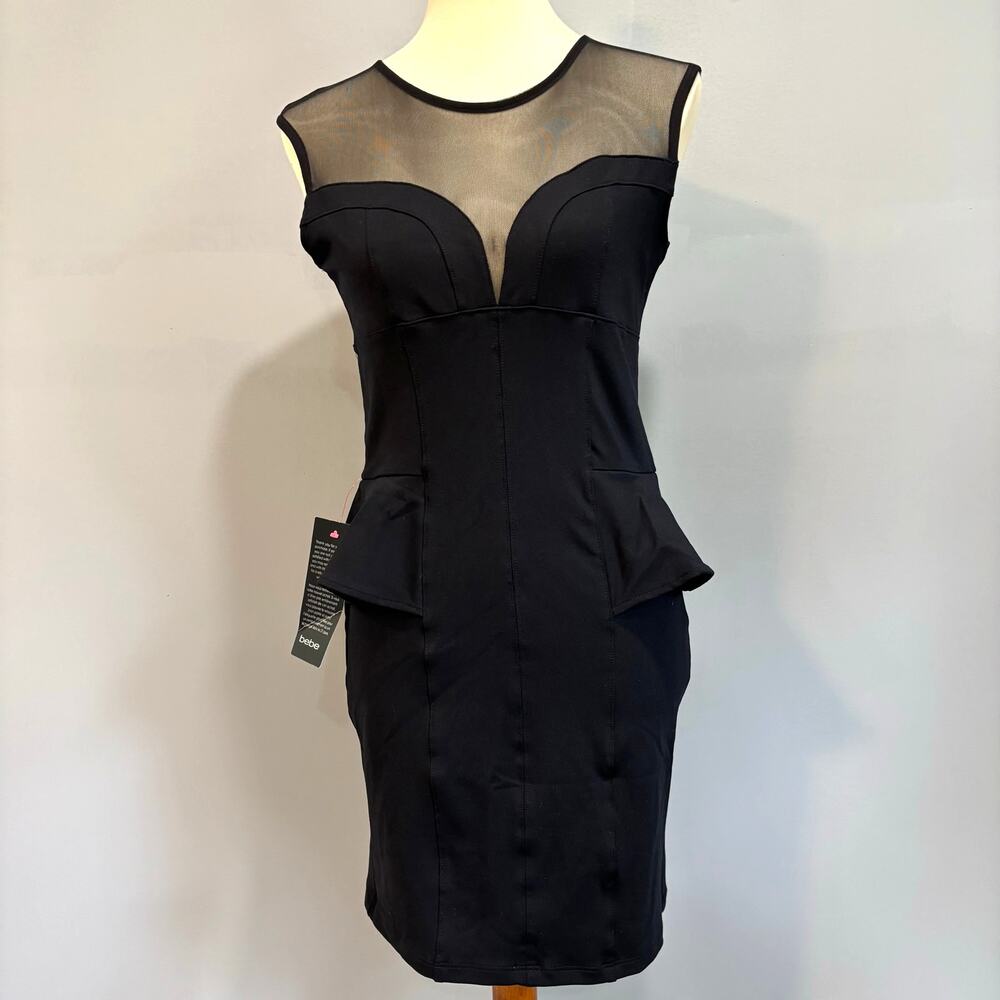 Bebe Black Mesh Peplum Mini Dress Y2K LBD Sleeveless Party Clubwear NWT Size L
